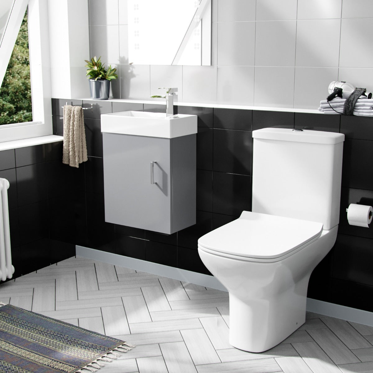 Nanuya 400mm Cloakroom Wall Hung Basin Vanity Unit & Rimless Close Coupled Toilet Grey