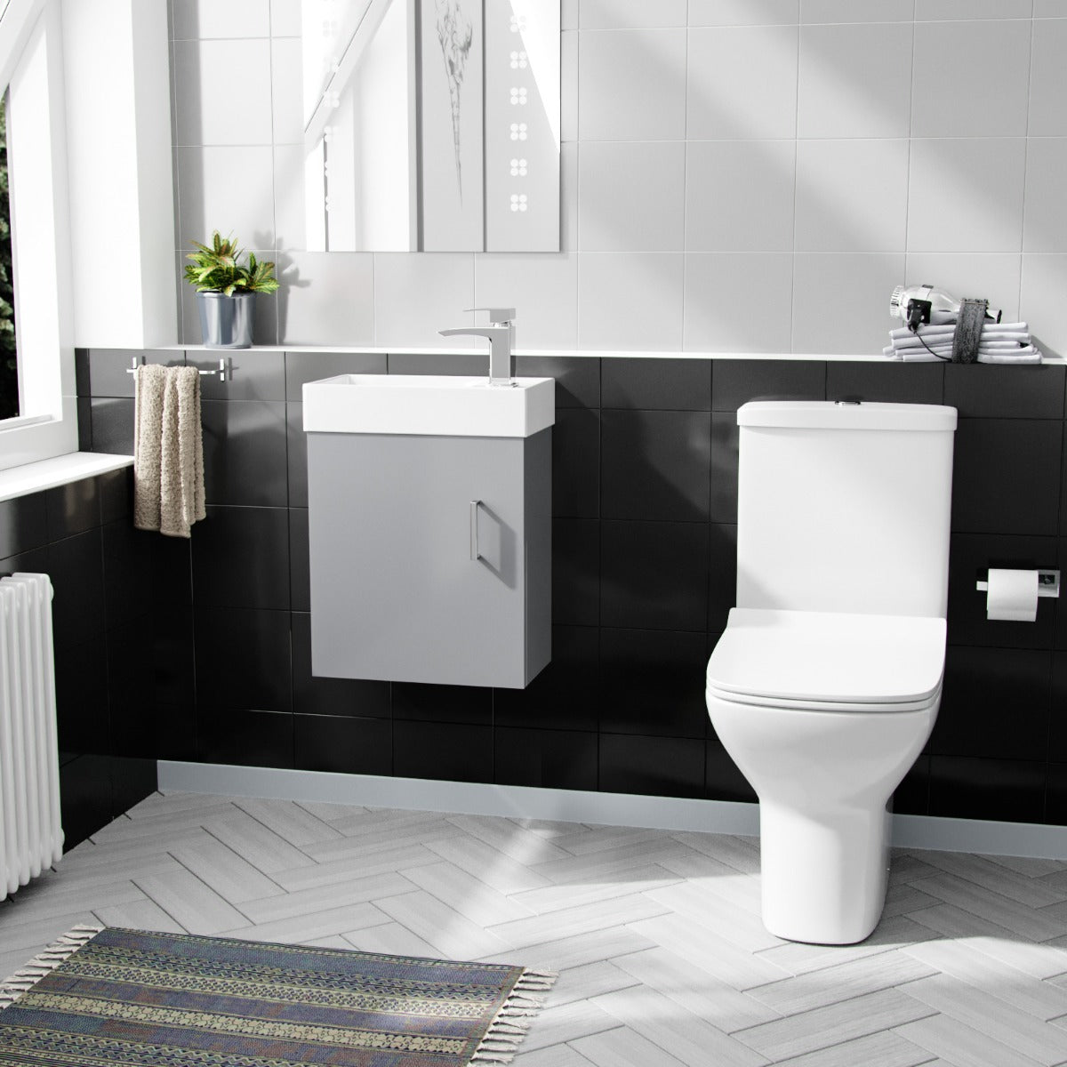 Nanuya 400mm Cloakroom Wall Hung Basin Vanity Unit & Rimless Close Coupled Toilet Grey