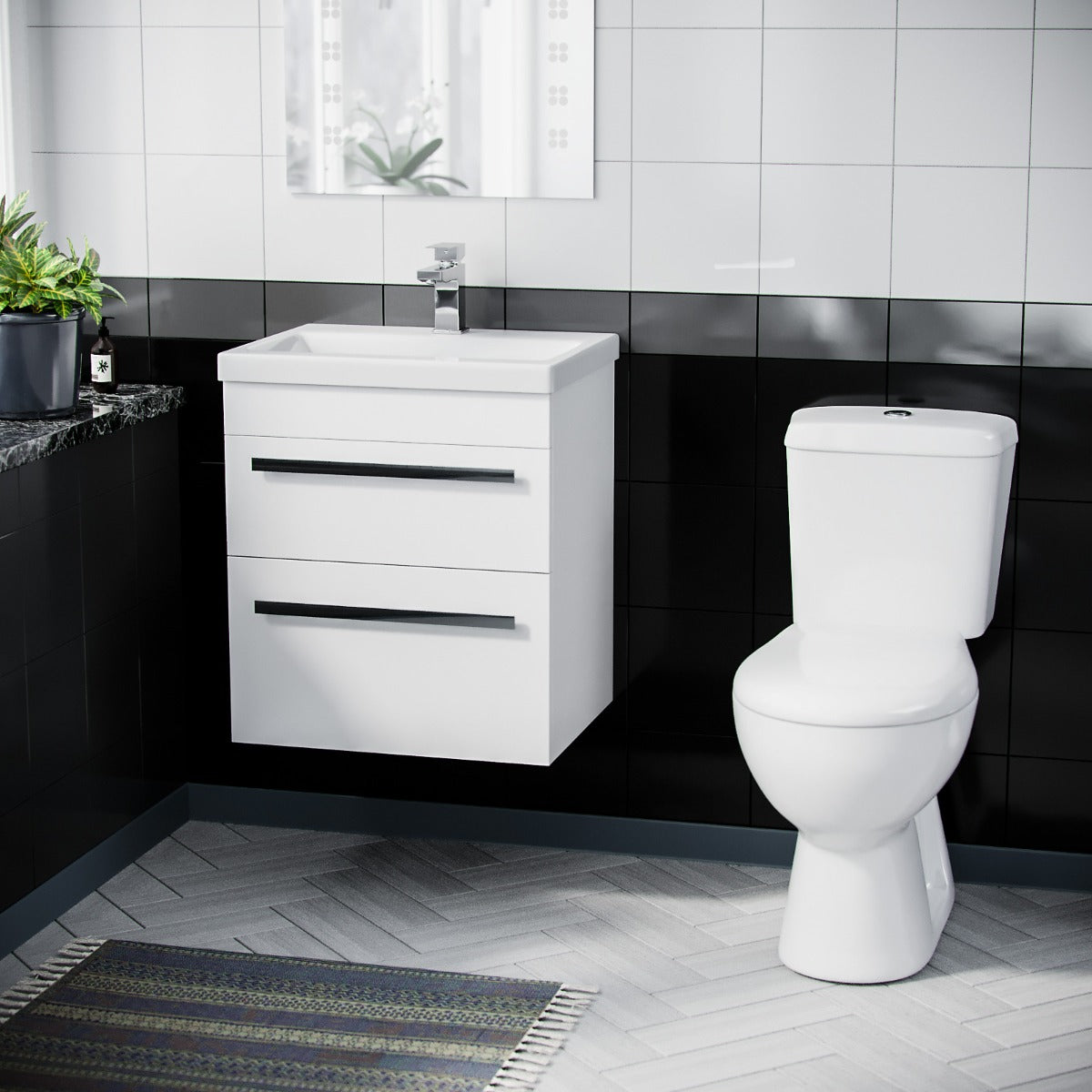 Nanuya 500mm Wall Hung 2 Drawer Vanity Unit Gloss White And Complete Toilet Set