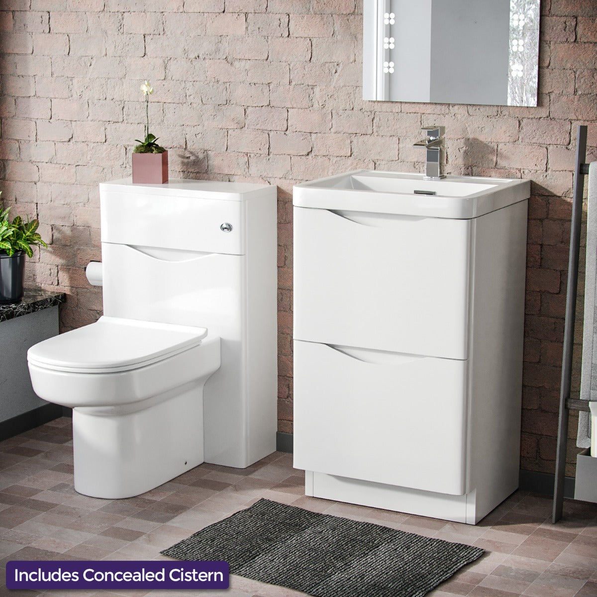 Merton 500mm 2 Drawer Vanity Basin Unit, WC Unit & Chem Back to Wall Toilet White