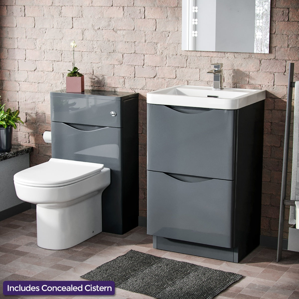 Merton 500mm 2 Drawer Vanity Basin Unit, WC Unit & Chem Back to Wall Toilet Grey