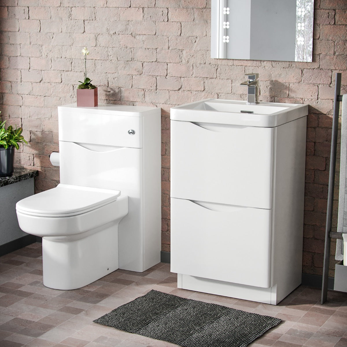 Merton 500mm 2 Drawer Vanity Basin Unit, WC Unit & Chem Back to Wall Toilet White