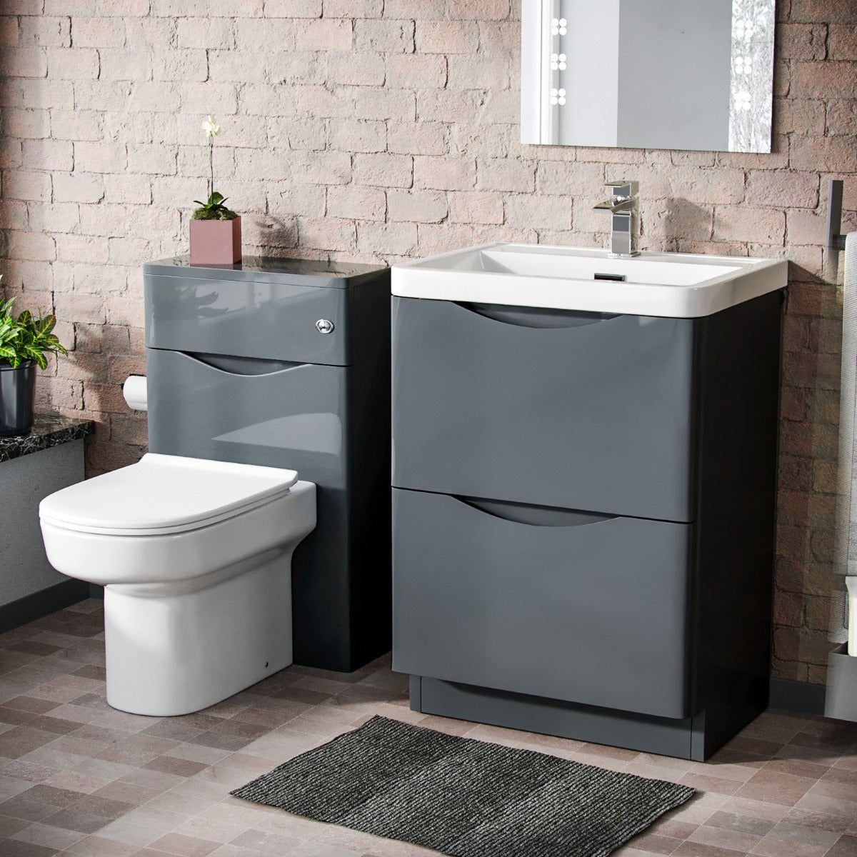 Merton 600mm Vanity Basin Unit, WC Unit & Chem Back To Wall Toilet Dark Grey