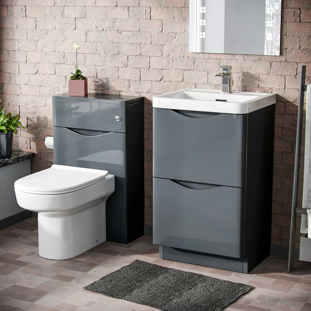 Merton 500mm 2 Drawer Vanity Basin Unit, WC Unit & Chem Back to Wall Toilet Grey