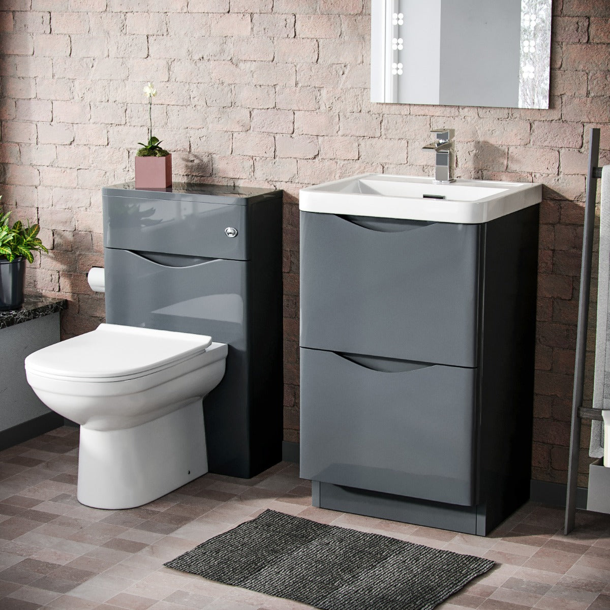 Merton 500mm 2 Drawer Vanity Basin Unit, WC Unit & Elso Back to Wall Toilet Grey