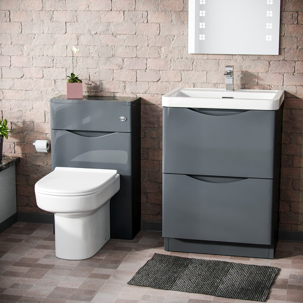 Merton 600mm Vanity Basin Unit, WC Unit & Chem Back To Wall Toilet Dark Grey