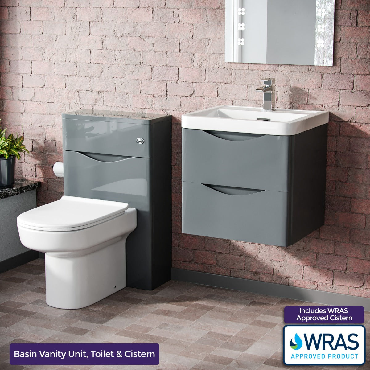 Merton 500mm Wall Hung Vanity Basin Unit, WC Unit & Chem Back to Wall Toilet Grey
