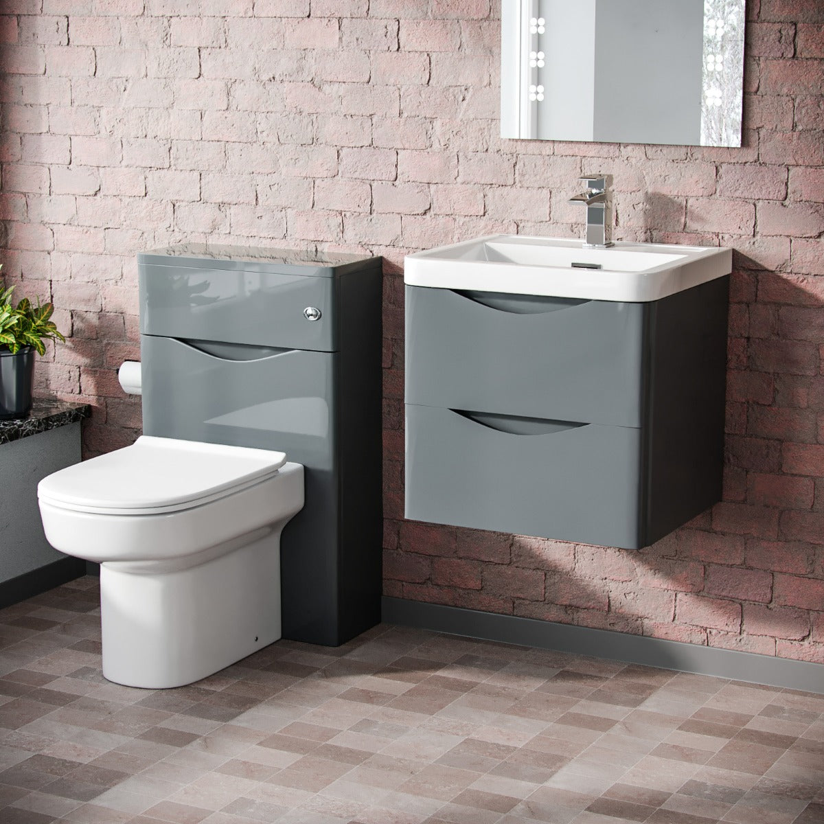 Merton 500mm Wall Hung Vanity Basin Unit, WC Unit & Chem Back to Wall Toilet Grey