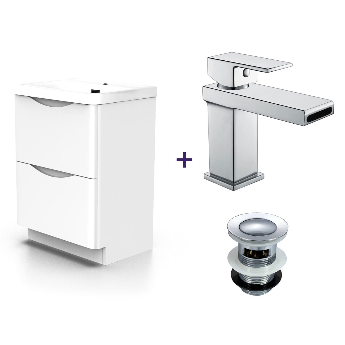 Merton 600mm White Basin Vanity Unit and Tap Set with Free Waste