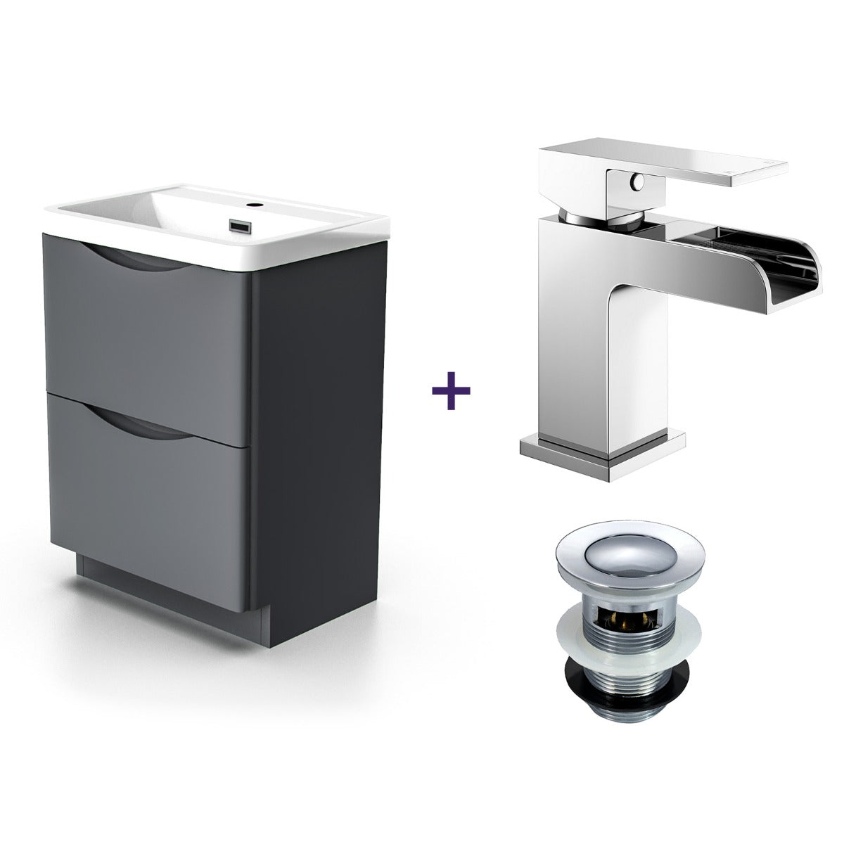 Merton Dark 600mm Grey Flat Pack Vanity Cabinet with a Waterfall Basin Tap and Waste Set