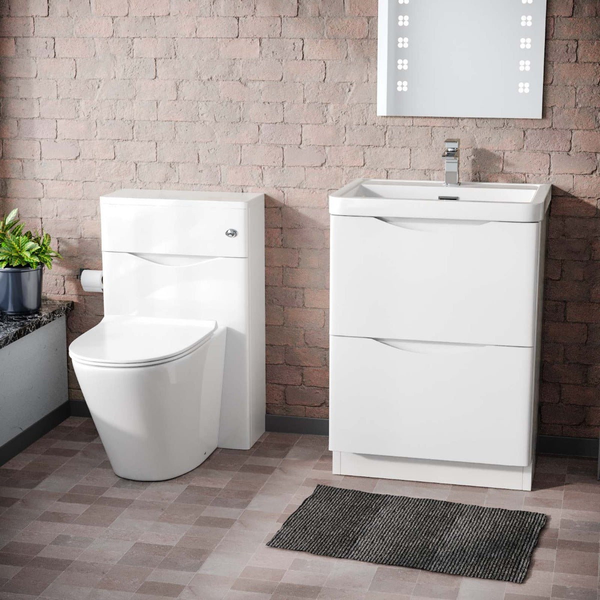 Merton 600mm 2 Drawer Basin Vanity Cabinet, WC Unit & Rimless BTW Toilet Set