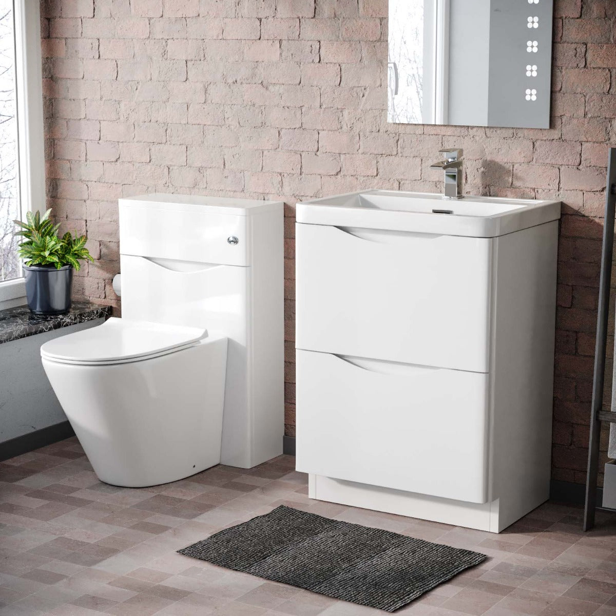 Merton 600mm 2 Drawer Basin Vanity Cabinet, WC Unit & Rimless BTW Toilet Set