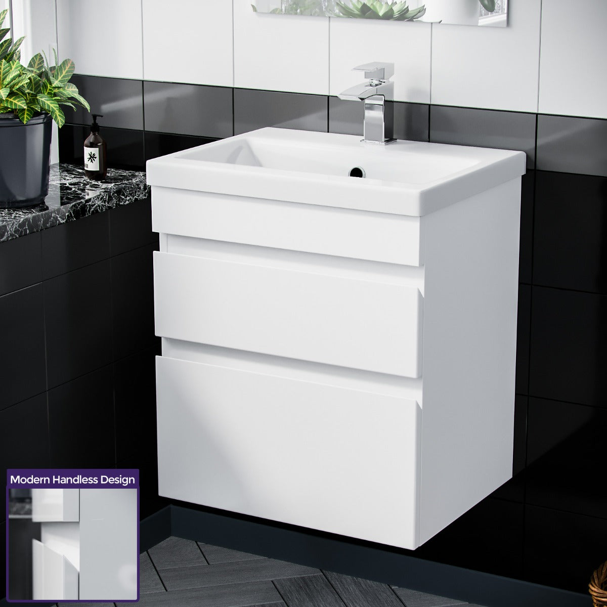 Alaska 600mm 2 Drawer White Wall Hung Flat Packed Vanity Cabinet and Basin Sink Unit