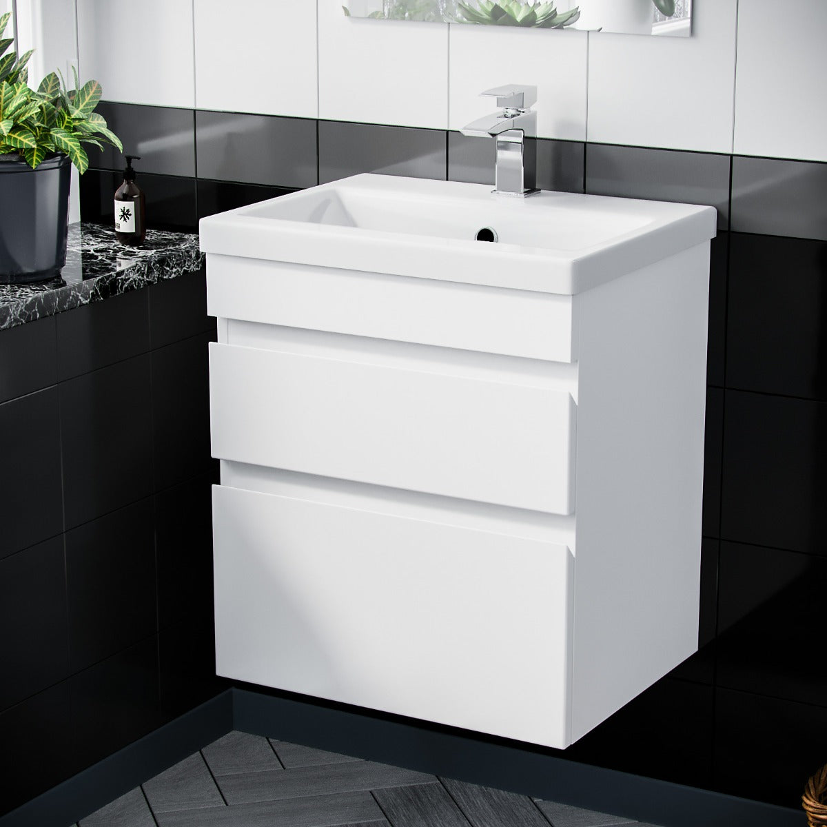 Alaska 600mm 2 Drawer White Wall Hung Flat Packed Vanity Cabinet and Basin Sink Unit