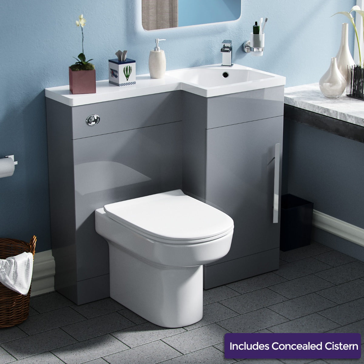 Alaska RH 900mm Vanity Basin Unit, WC Unit & Chem Back to Wall Toilet Grey
