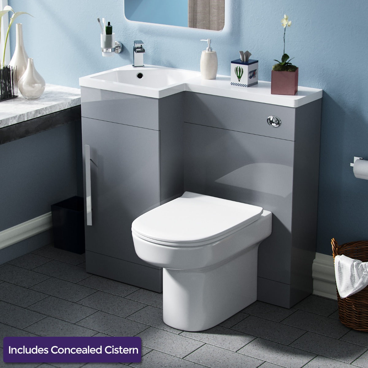 Alaska LH 900mm Flat Pack Vanity Basin Unit, WC Unit & Chem Back to Wall Toilet Grey