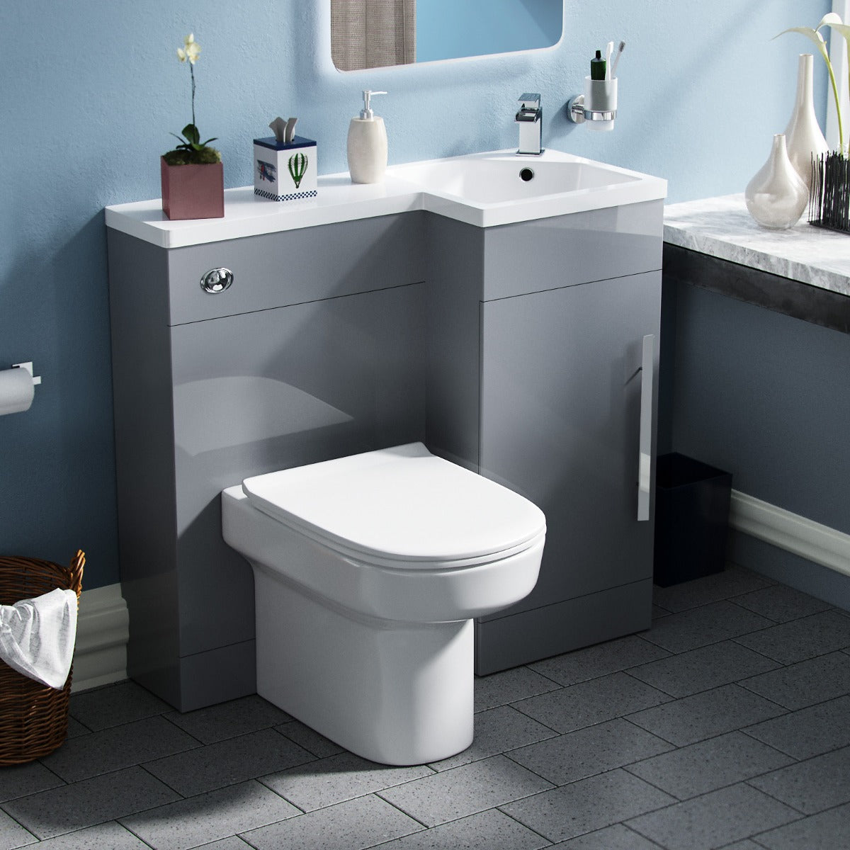 Alaska RH 900mm Vanity Basin Unit, WC Unit & Chem Back to Wall Toilet Grey
