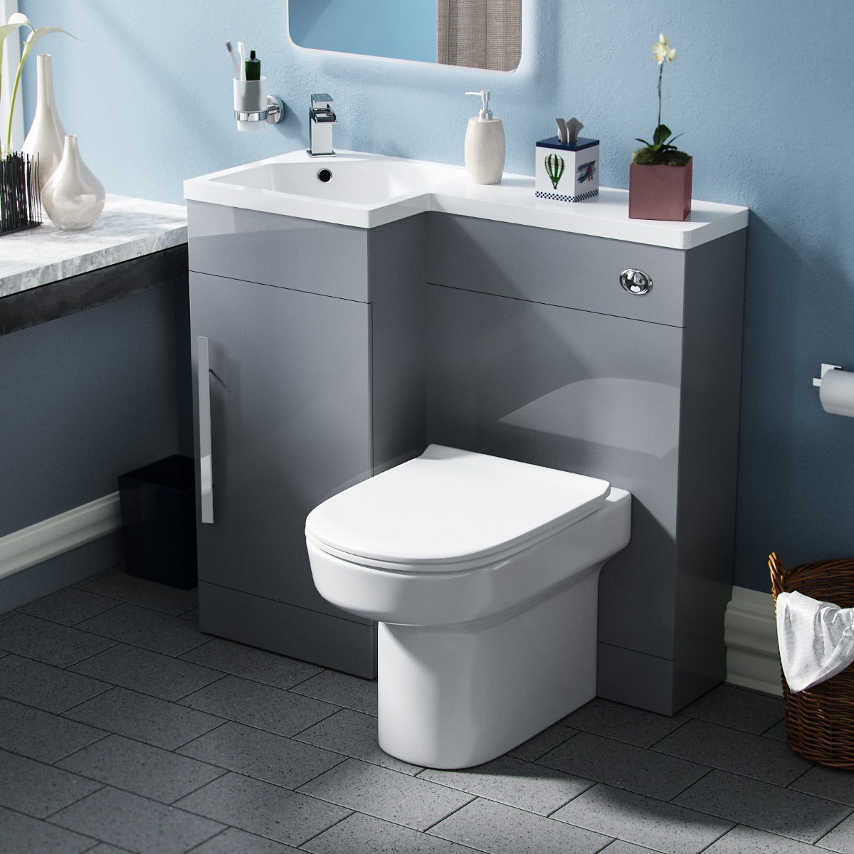 Alaska LH 900mm Flat Pack Vanity Basin Unit, WC Unit & Chem Back to Wall Toilet Grey