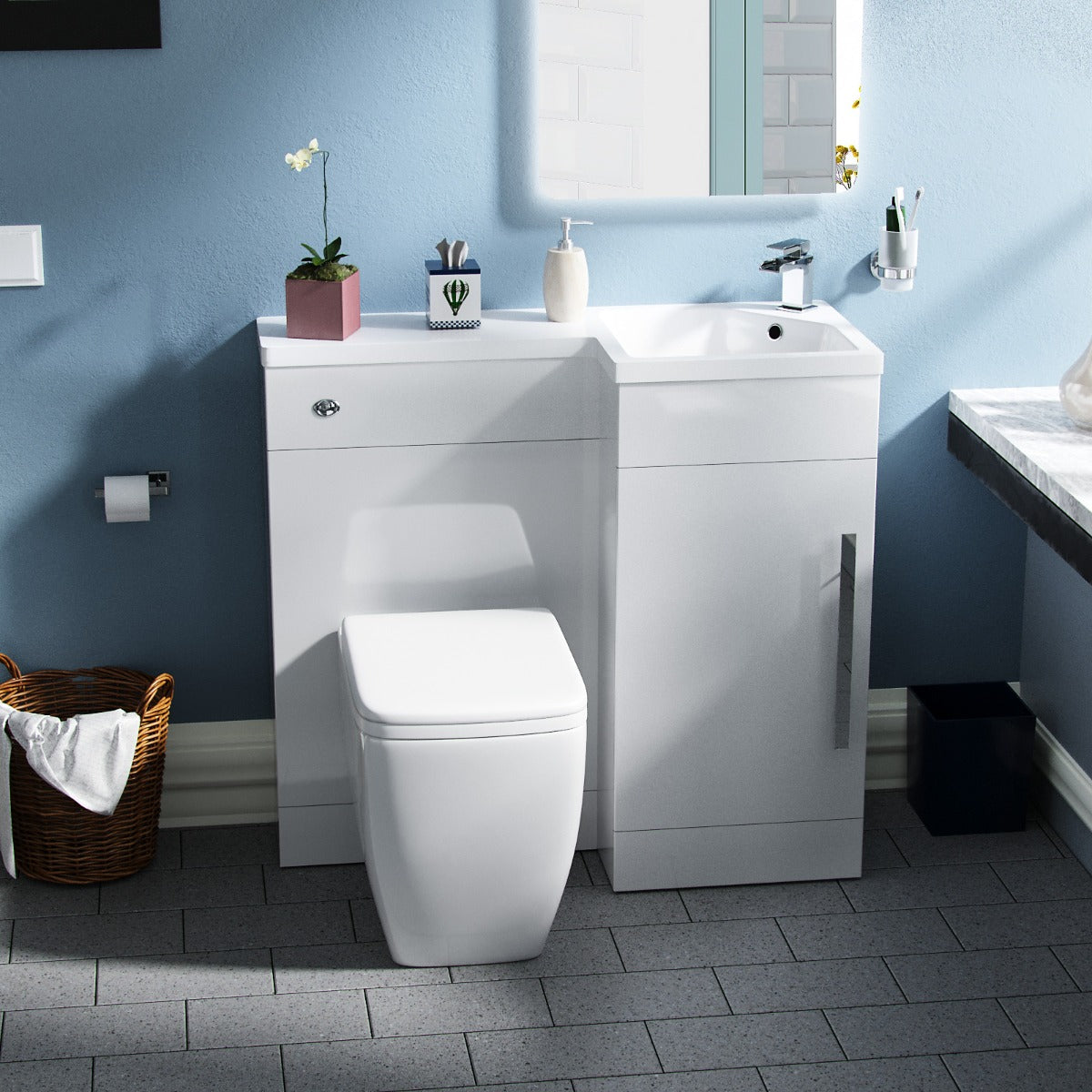 Alaska RH 900mm Flat Pack Vanity Basin Unit, WC Unit & Square Back to Wall Toilet White