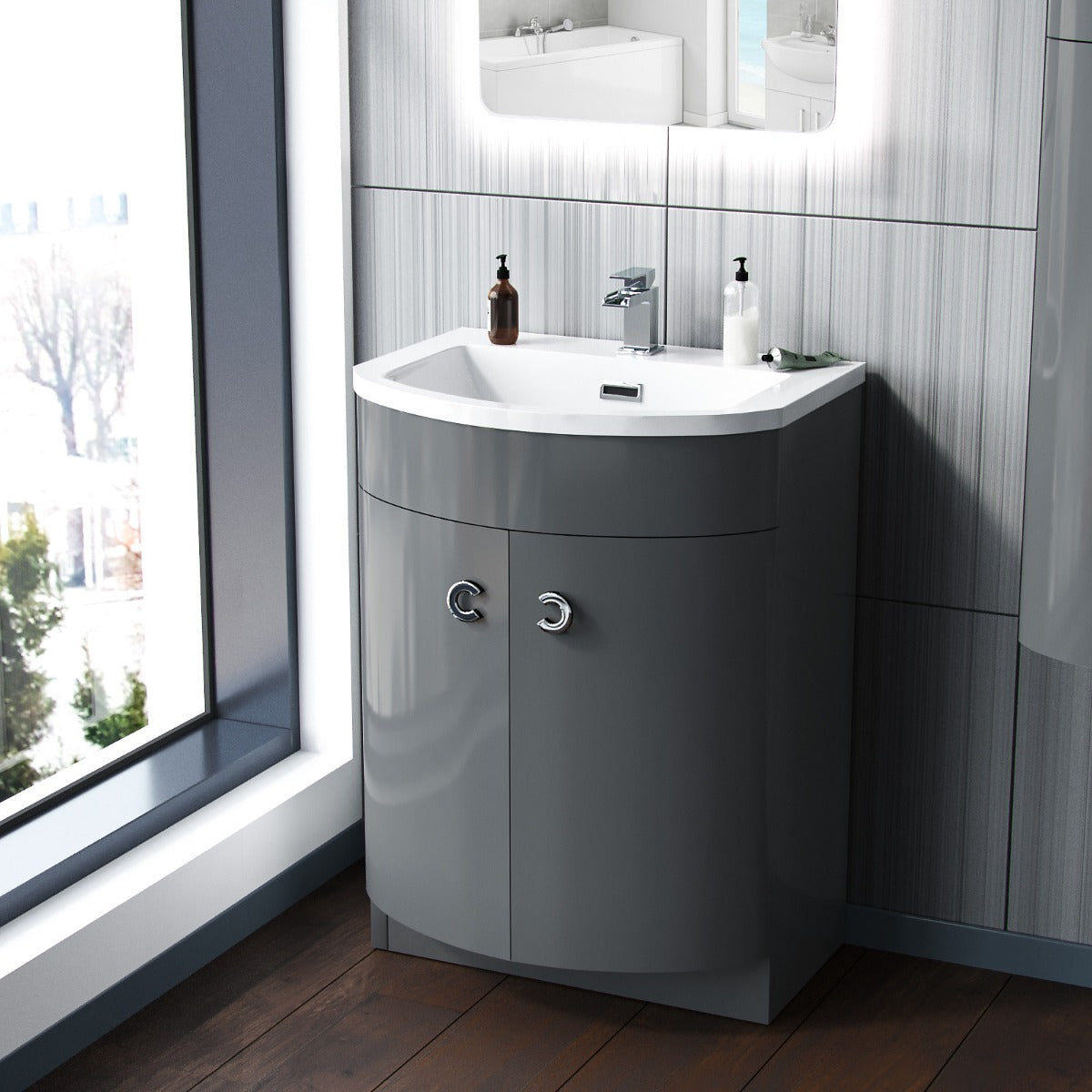 Dene Grey 600mm Vanity Basin Unit and Wall Storage Cabinet