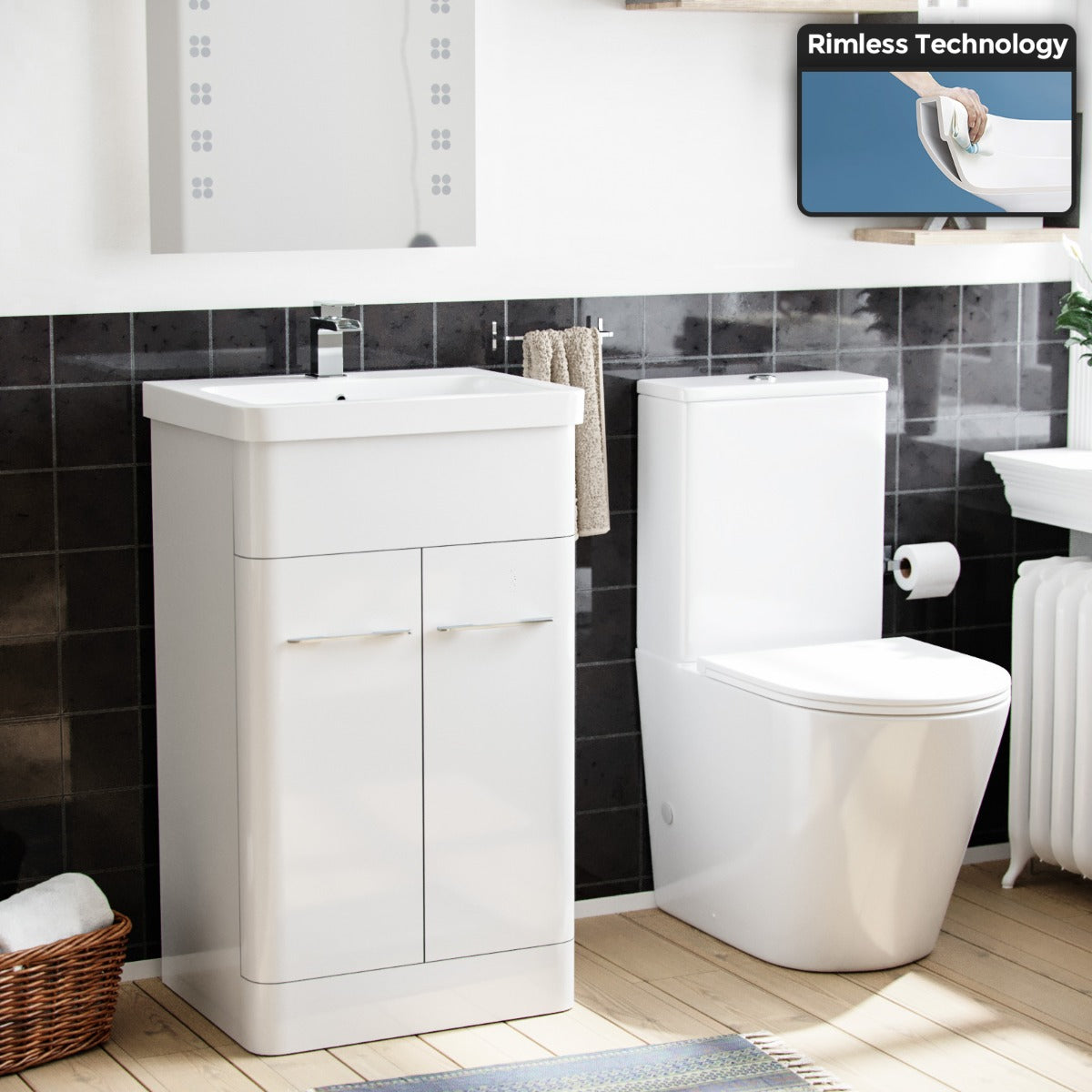 Afern 500mm Basin Vanity Cabinet And Rimless Toilet with Seat White