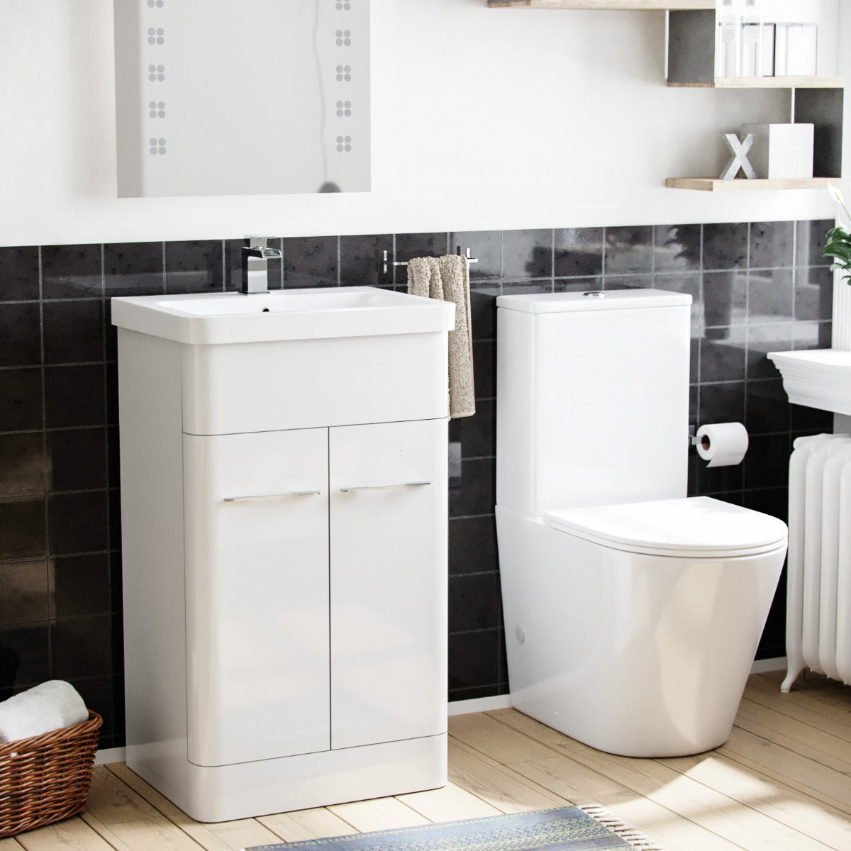 Afern 500mm Basin Vanity Cabinet And Rimless Toilet with Seat White