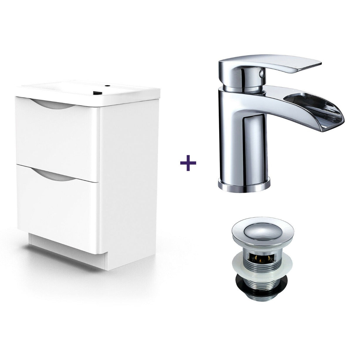 Merton 600mm White Basin Vanity Unit and Tap with Waste Set