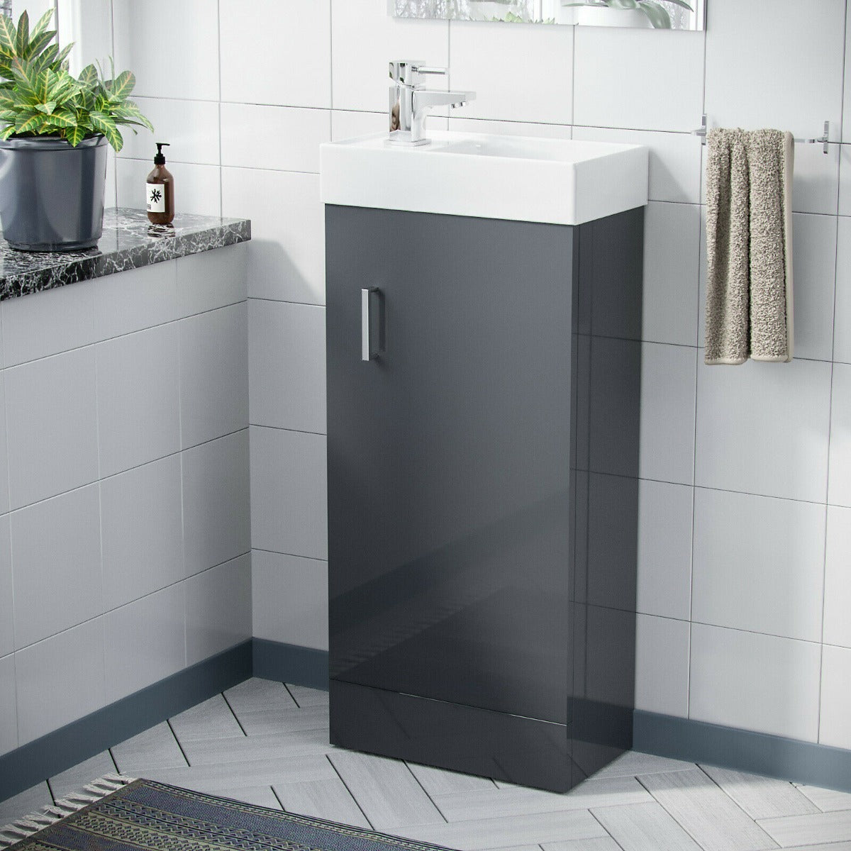 Nanuya 400mm Grey Cloakroom Vanity Basin Unit, Mixer Tap & Waste