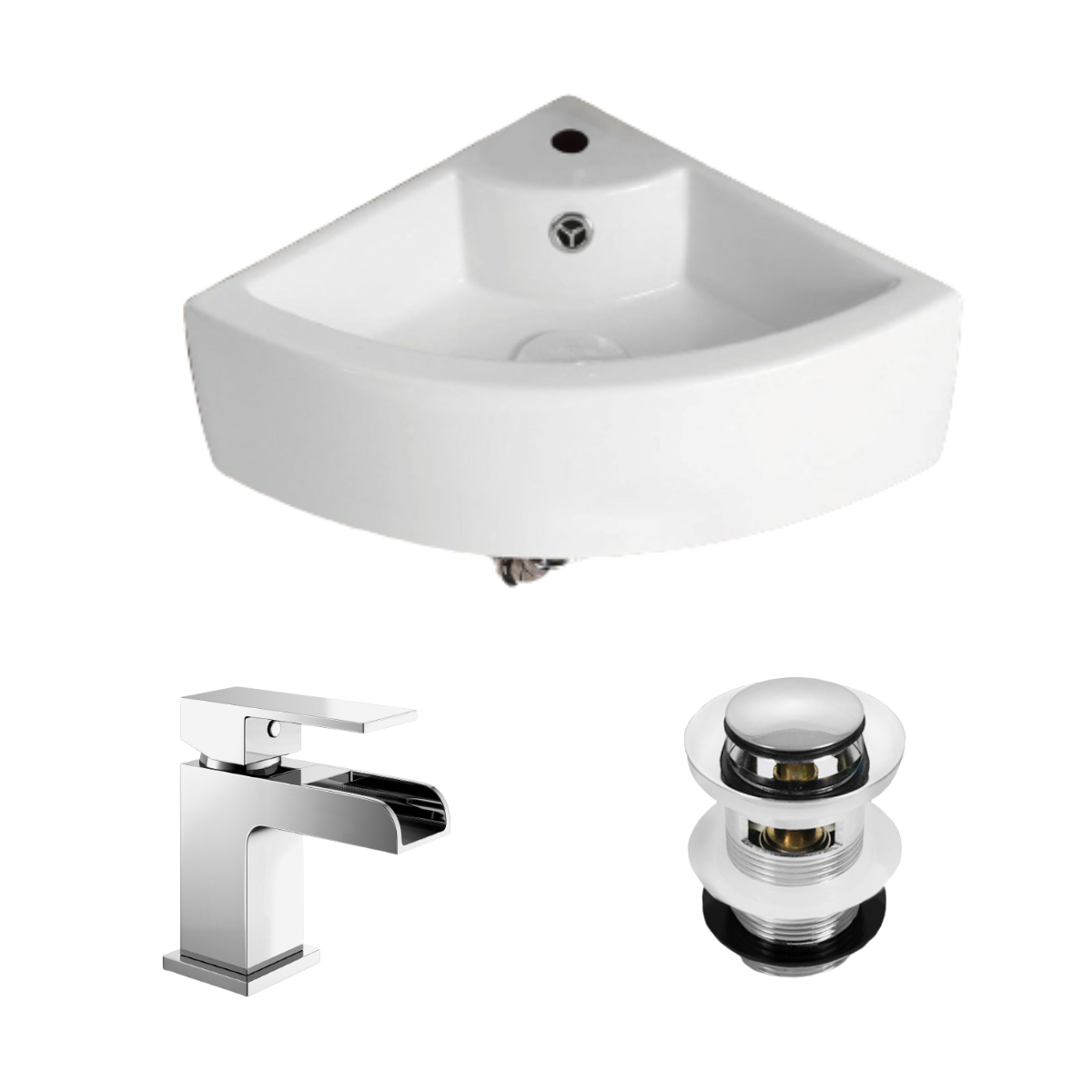 Quarter Circle Corner Cloakroom Basin & Waterfall Mixer Tap Waste