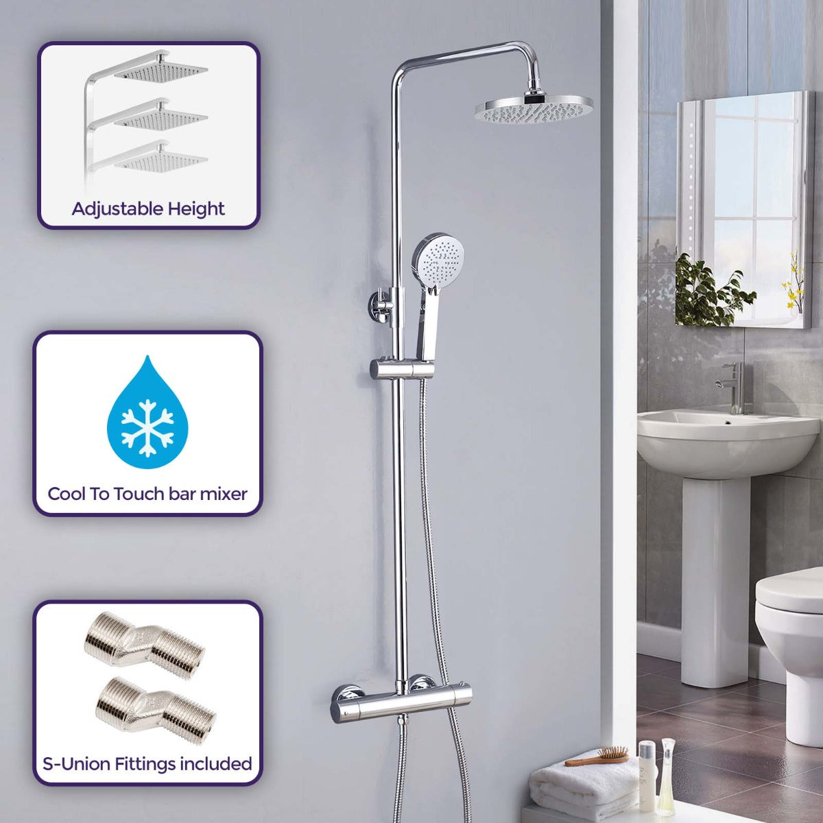 Modern Cool Touch Thermostatic Riser Rail Shower Mixer Chrome