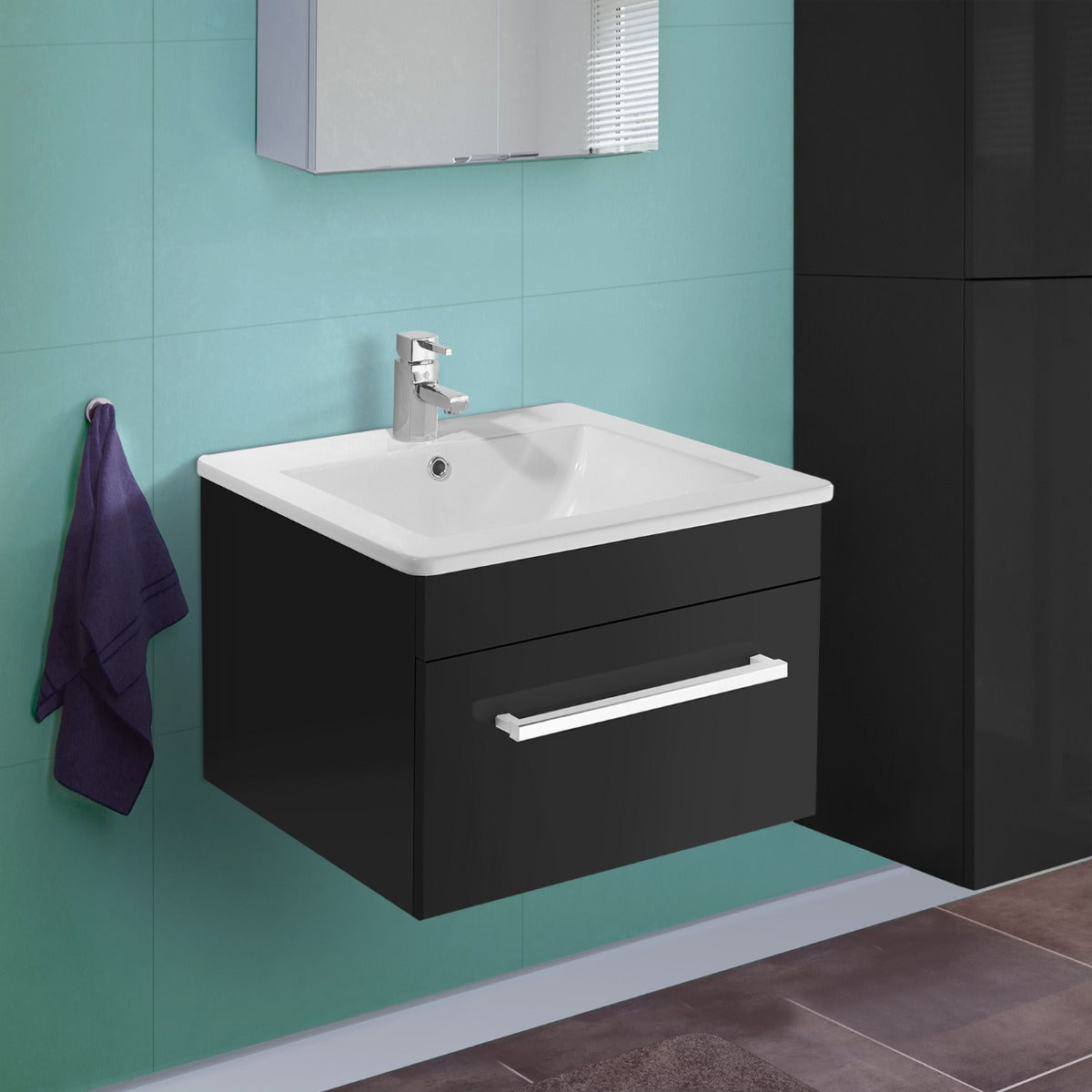 Lyndon 540mm Wall Hung Black Gloss MDF & Basin Vanity Cabinet