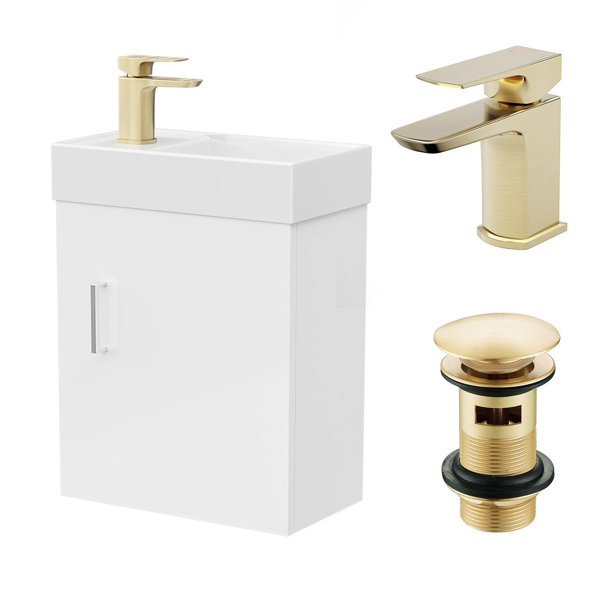 Nes Home Bathroom vanity unit with gold faucet and drain on a white background