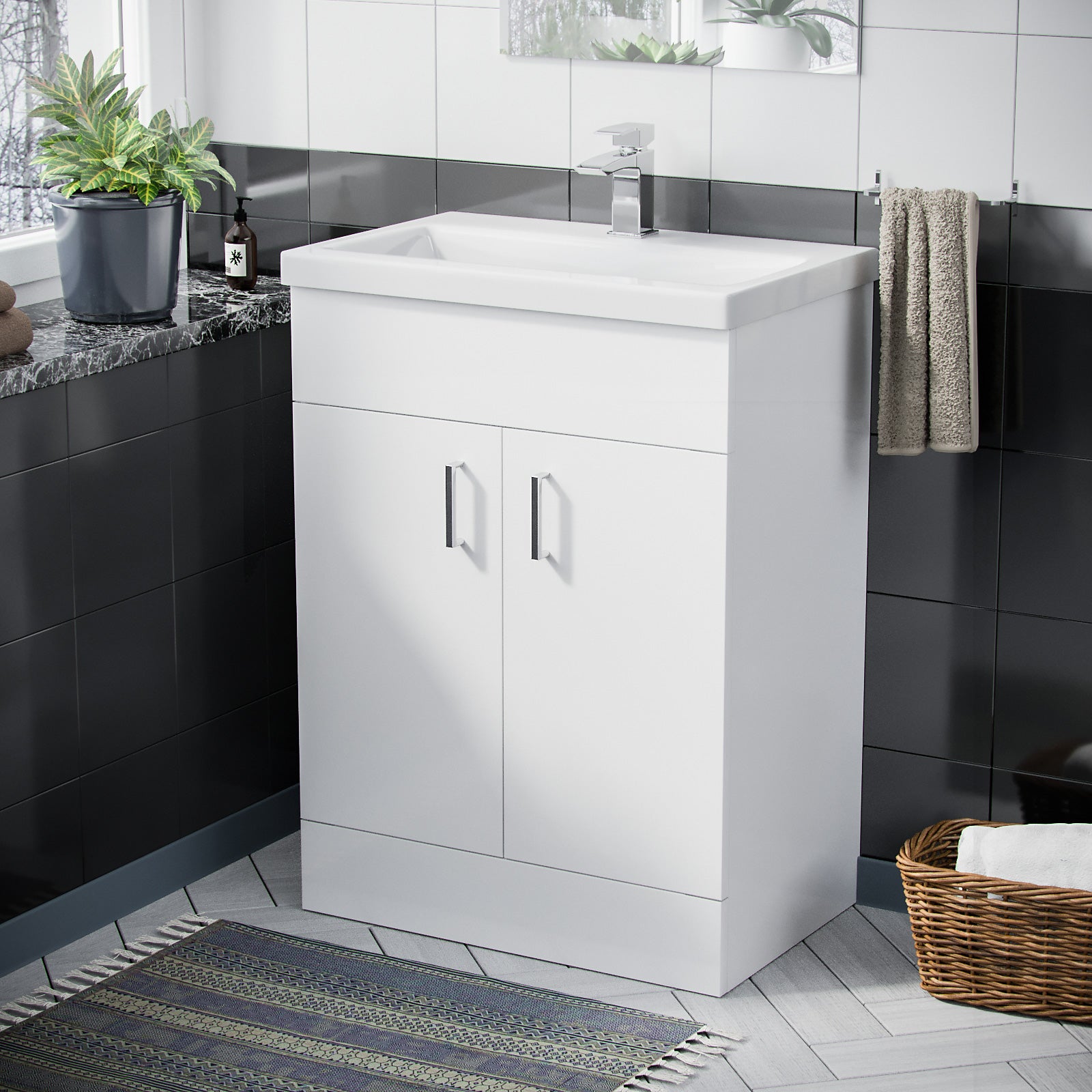 White Hung Bathroom Vanity Unit, modern design with long chrome handle. 1 drawer Unit.