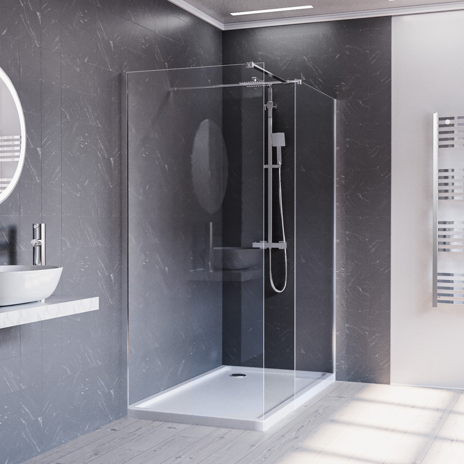 Chrome 1400 x 800mm Wet Room Screen 8mm Tempered Glass with Tray