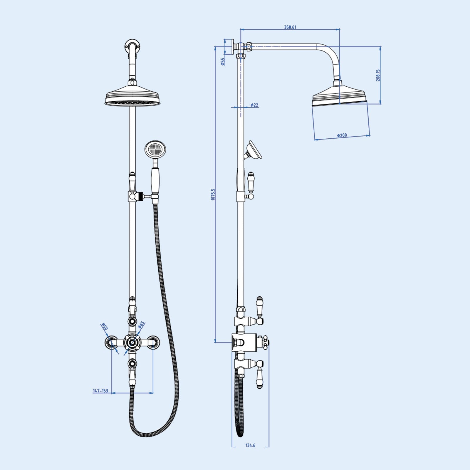 Traditional Exposed Thermostatic Valve, Riser Rail & Round Handset Gold