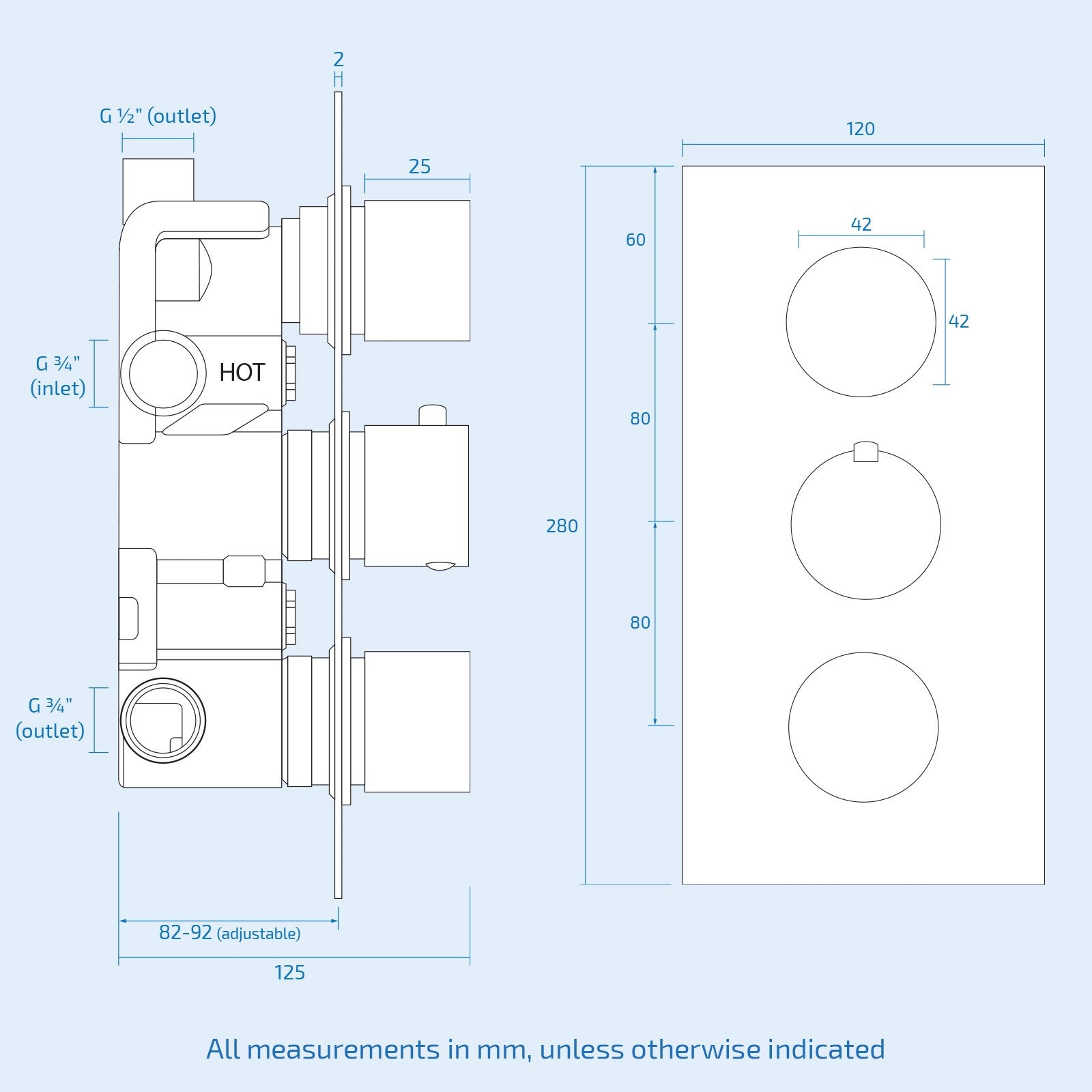 3 Dial 3 Outlet Concealed Thermostatic Shower - Round shower set