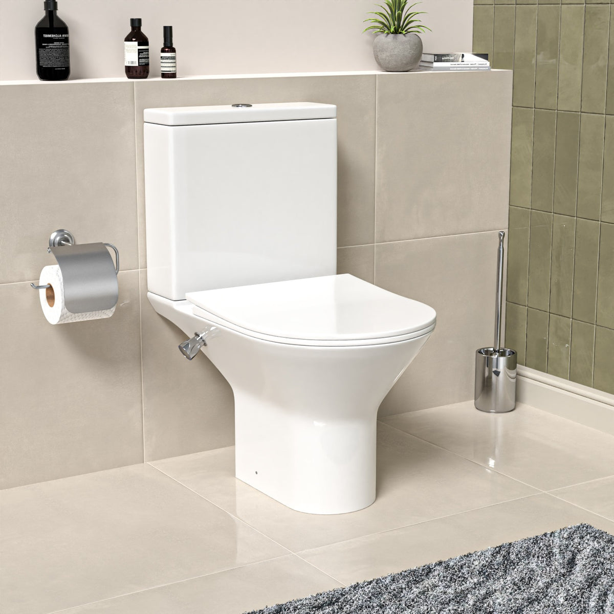 Round Rimless Close Coupled Ceramic Toilet With Integrated Bidet Valve