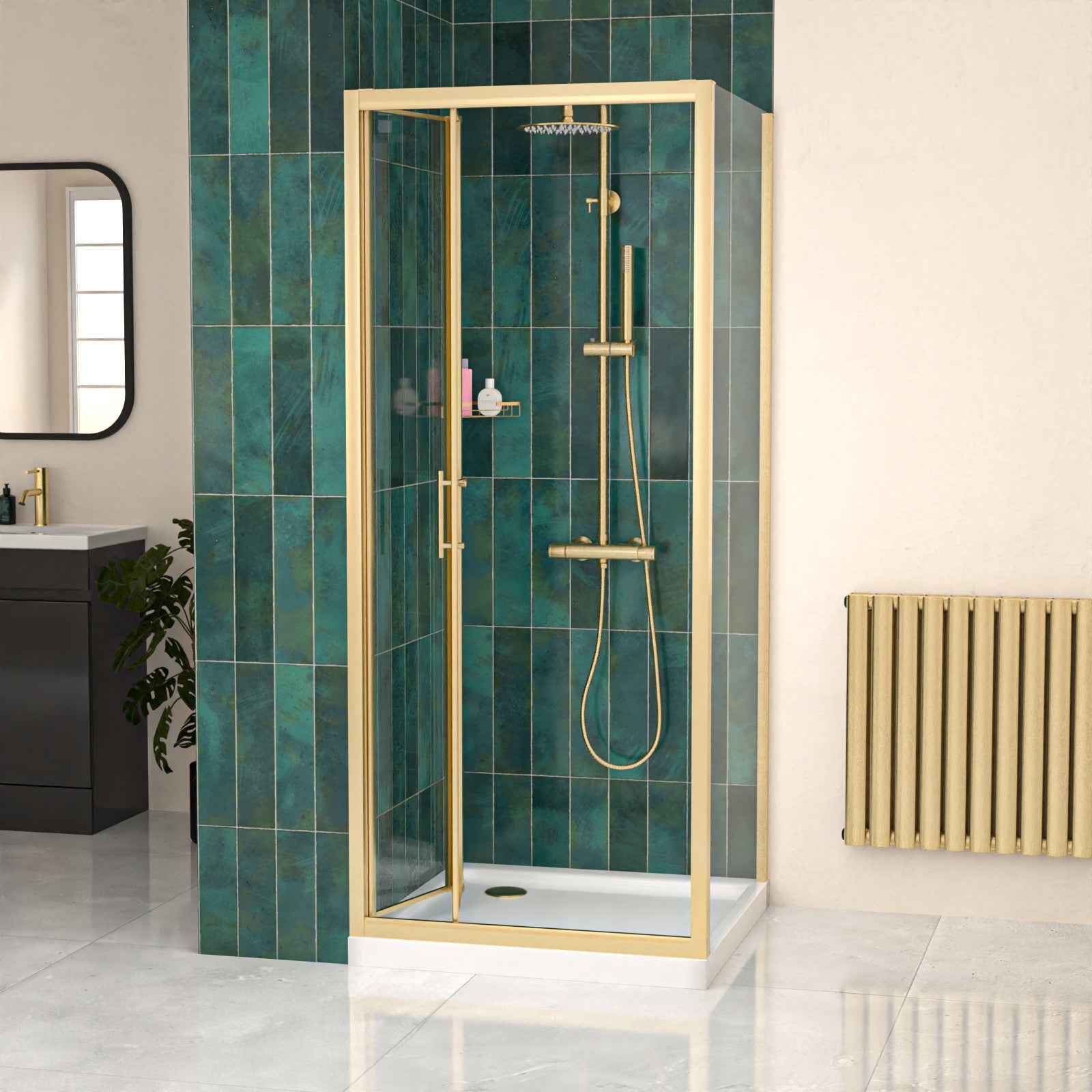 Brushed Brass 800mm Bi-fold Shower Door 800mm Side Panel Tempered Glass With Tray