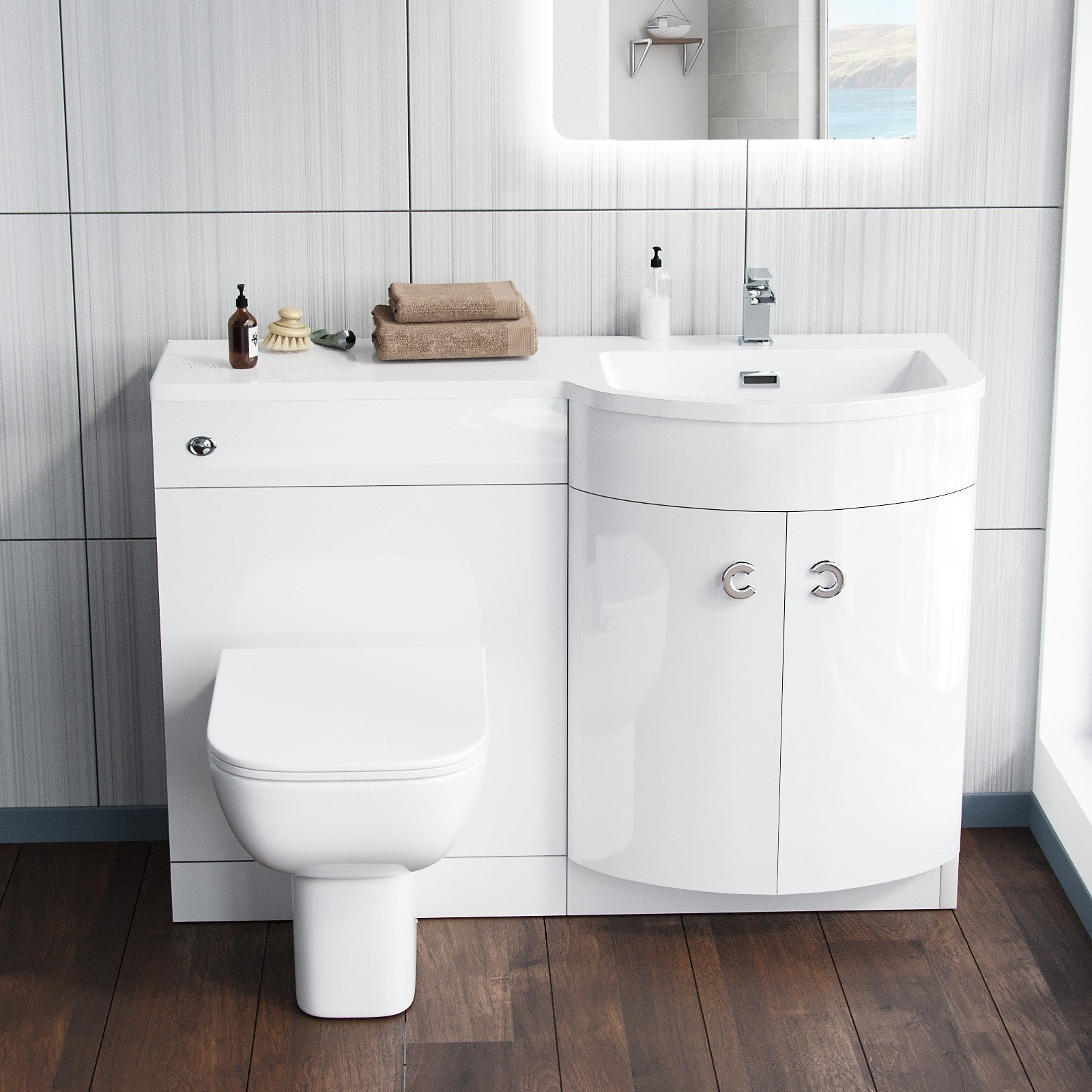 Dene 1100mm P Shaped RH White Vanity Basin Cabinet and Wc BTW Toilet Unit