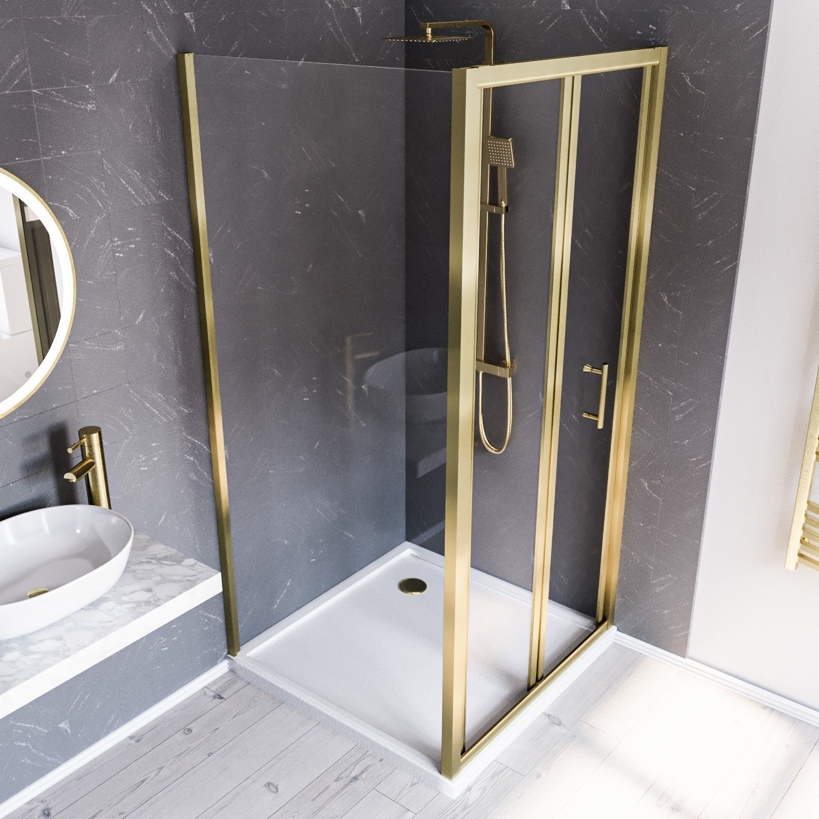 Brushed Brass 1000mm Bi-fold Shower Door 760mm Tempered Glass Panel