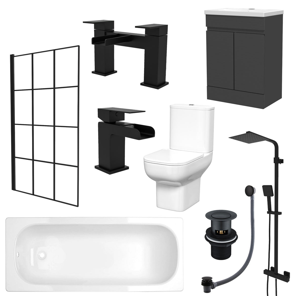 Alsaka Bathtub Shower Screen Anthracite Basin Vanity Toilet Matte Black Taps