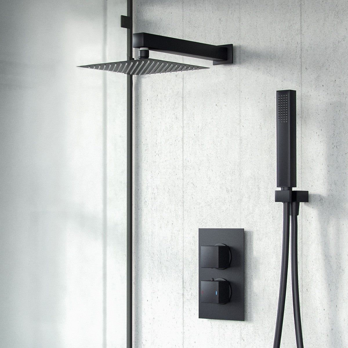 Temel Matte Black 2 Dial 2 Way Thermostatic Mixer Valve Shower Head Handset Shower Set