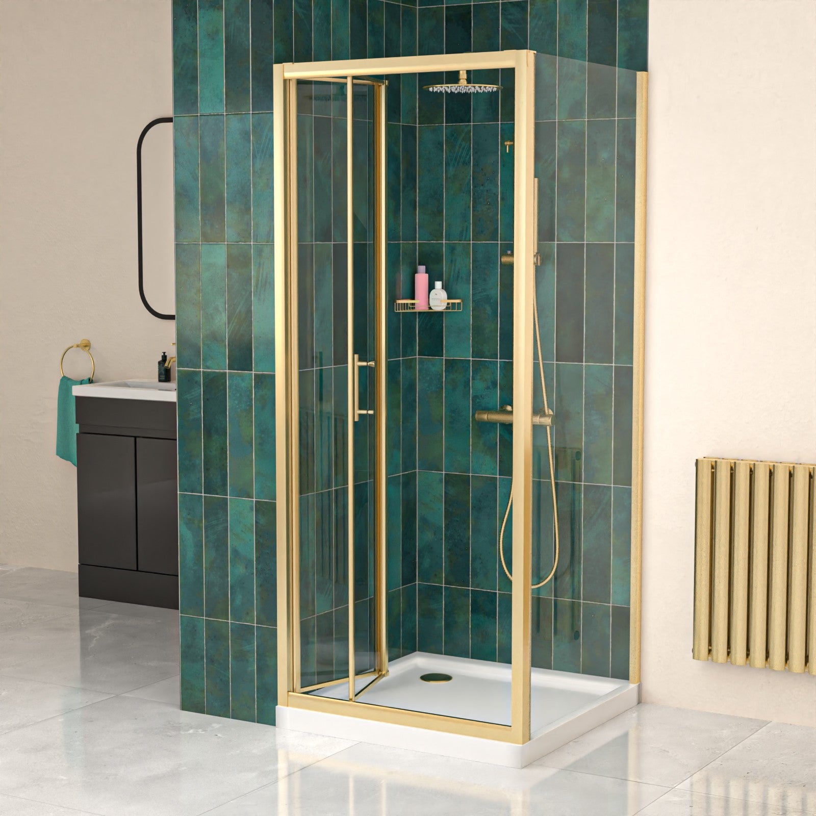 Brushed Brass 800mm Bi-fold Shower Door 800mm Side Panel Tempered Glass With Tray
