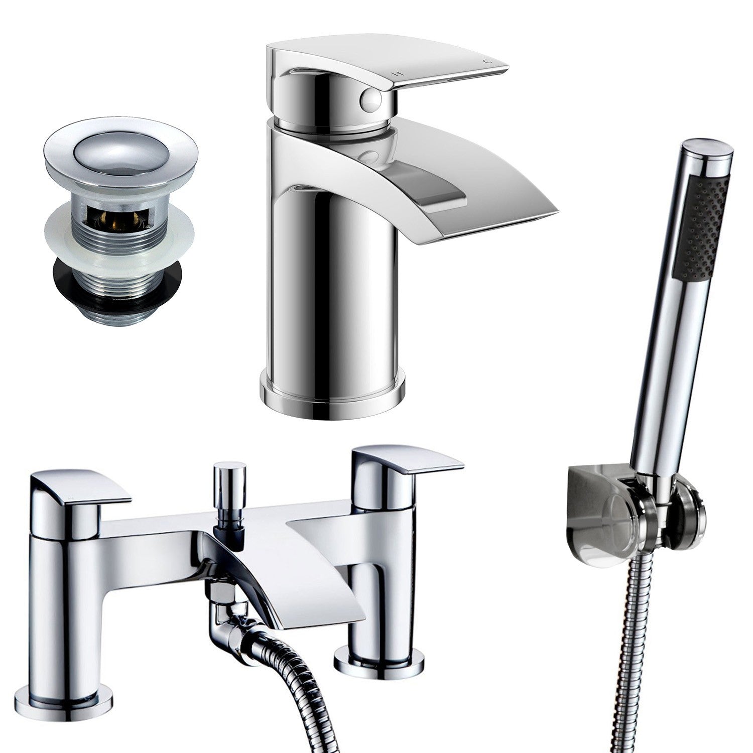 Libra Waterfall Basin Mono Tap, Bath Shower Mixer Tap & Waste Chrome
