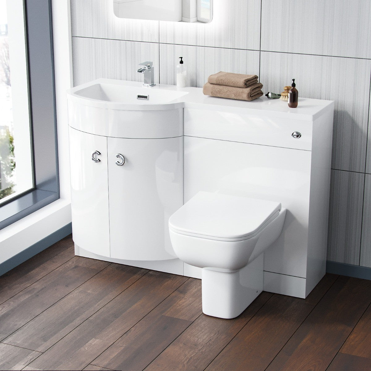 Dene 1100mm P Shaped LH White Vanity Basin Cabinet and Wc BTW Toilet Unit