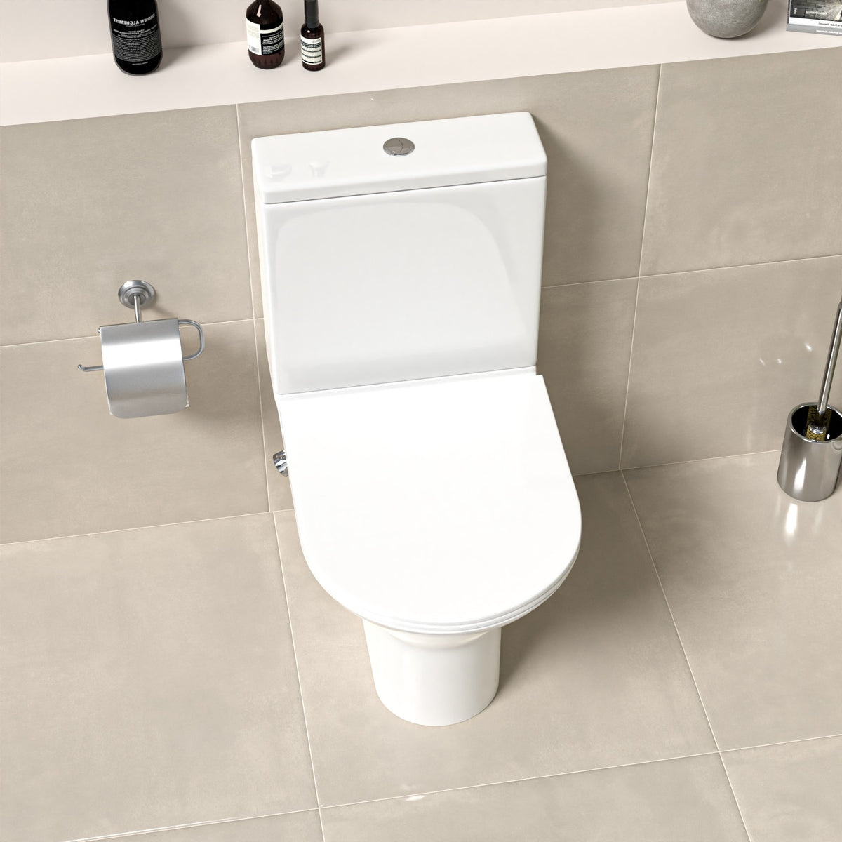 Round Rimless Close Coupled Ceramic Toilet With Integrated Bidet Valve