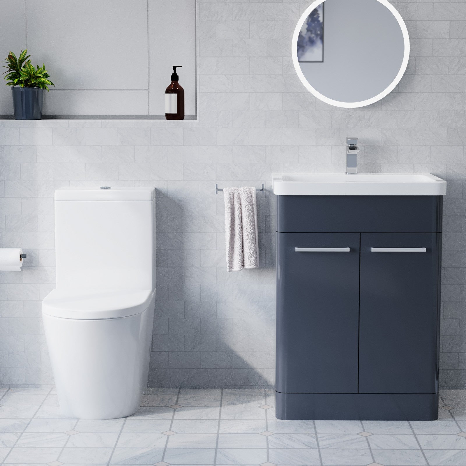 AFERN 600mm Freestanding Anthracite Vanity with Close Coupled Toilet & Quadrant Screen