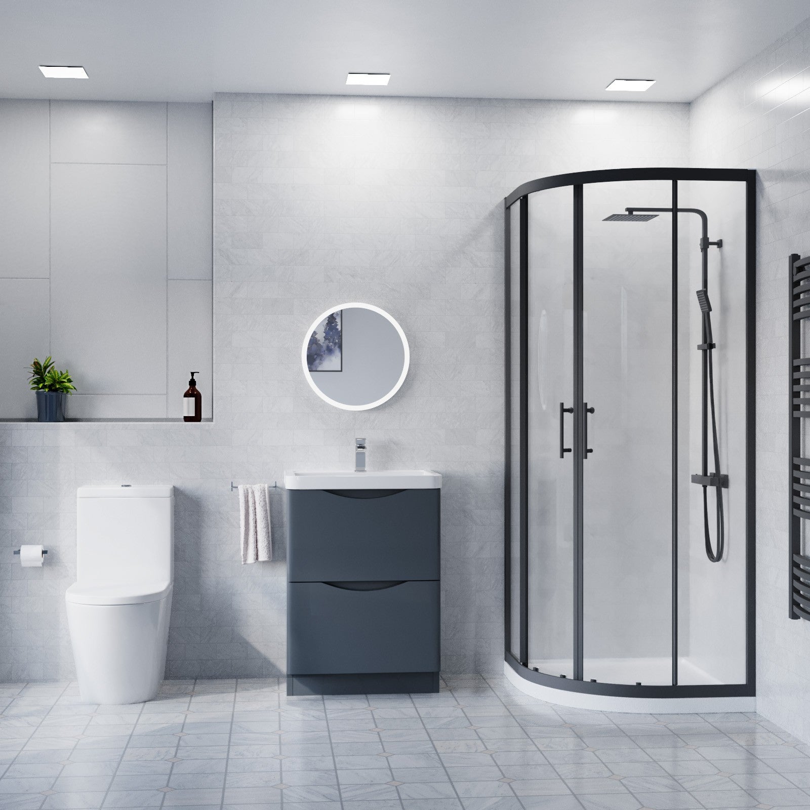 600mm Floor Standing Vanity With Ceramic Basin, Close Coupled Toilet & Quadrant Screen