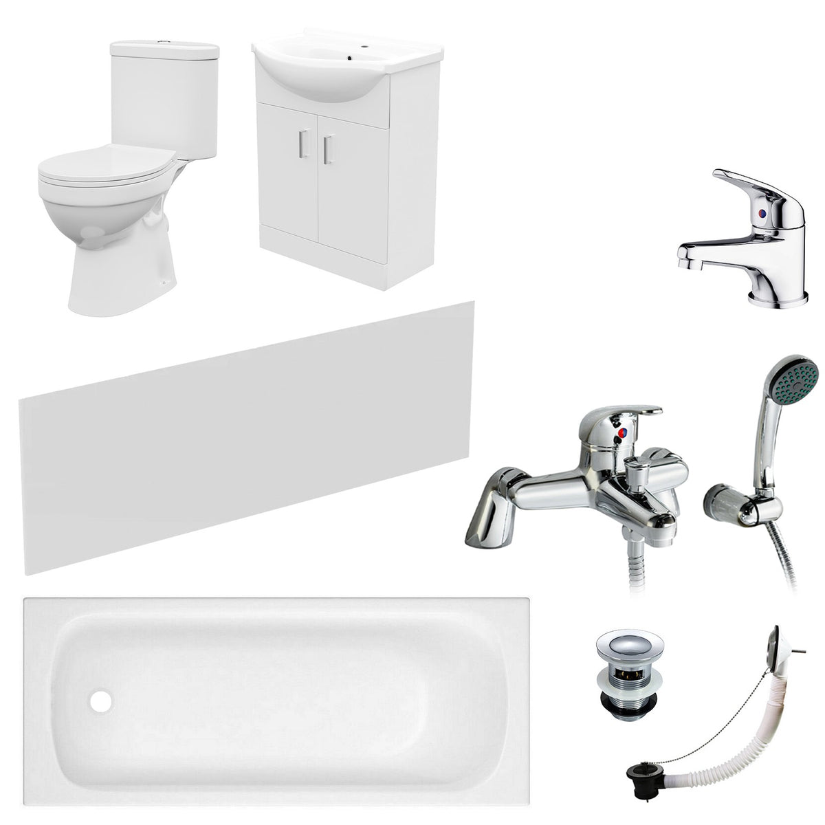 1700mm Bath With Front Panel, 550mm Vanity & Toilet, Bath Filler & Basin Mixer Tap With Waste