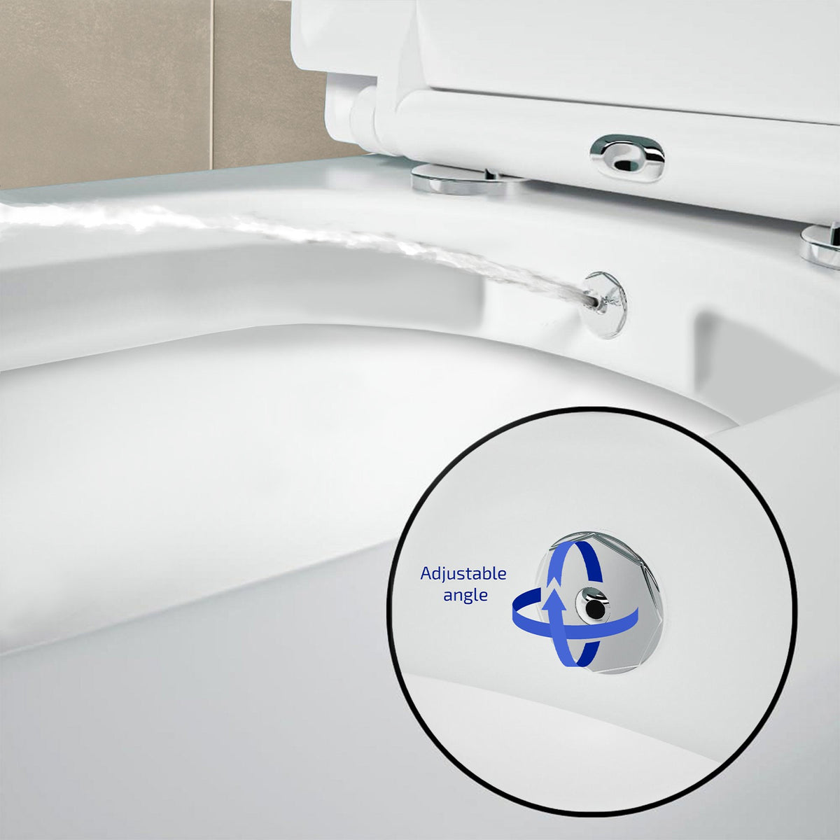 Round Rimless Close Coupled Ceramic Toilet With Integrated Bidet Valve